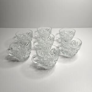 Anchor Hocking Arlington Clear Glass Punch Bowl Cups Set Of 7 Diamond Vintage